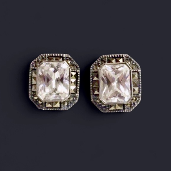 JUDITH JACK Sterling Silver Marcasite Faceted CZ Vintage Earrings - Picture 1 of 16
